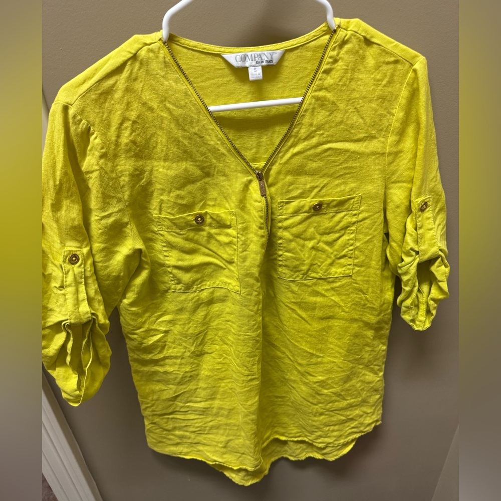 Ellen Tracy Company Linen Zip Front Top - Limeade Yellow, Size Small